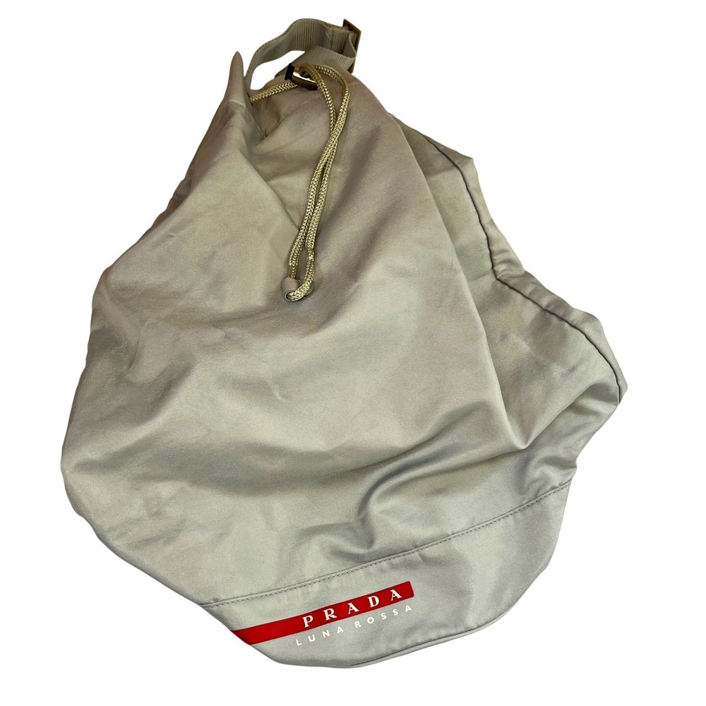 Prada Luna Rossa Silver Nylon Drawstring Backpack Sling Bag Red Logo Stripe